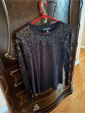 INC International Concepts Black Long-Sleeve Sequin Crewneck Top